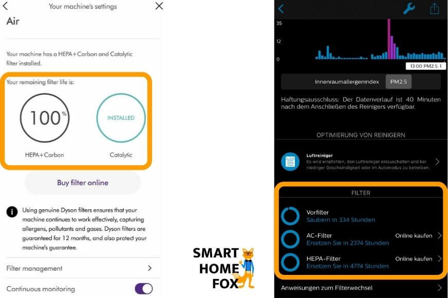 Оставшийся срок службы фильтра воздухоочистителя Dyson и Philips отображается в приложении.